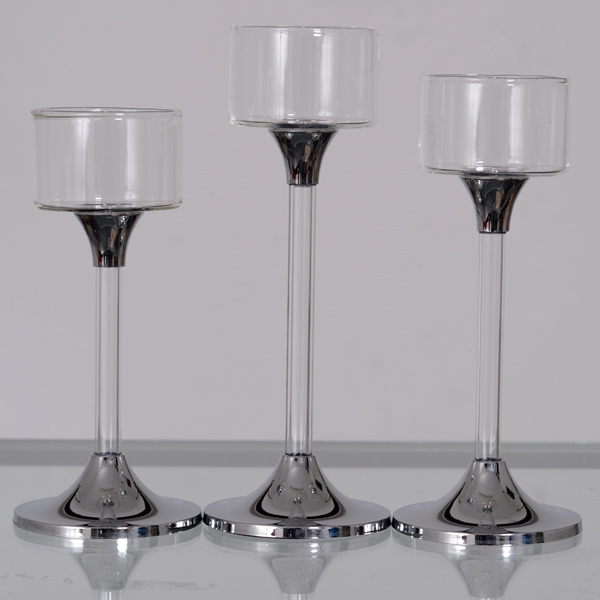 Elegant 3pce Clear Crystal Long Stem Silver base Candle Holders