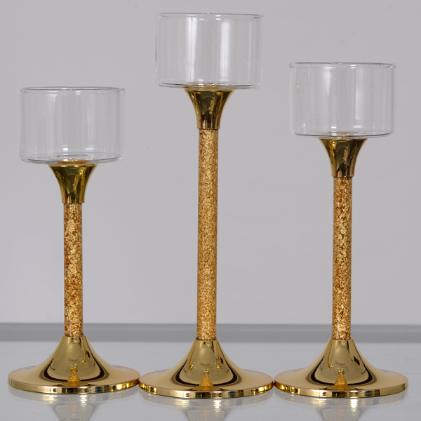 Elegant 3 pce Crystal Long Stem 24 Carrat Gold Foil Candle Holders