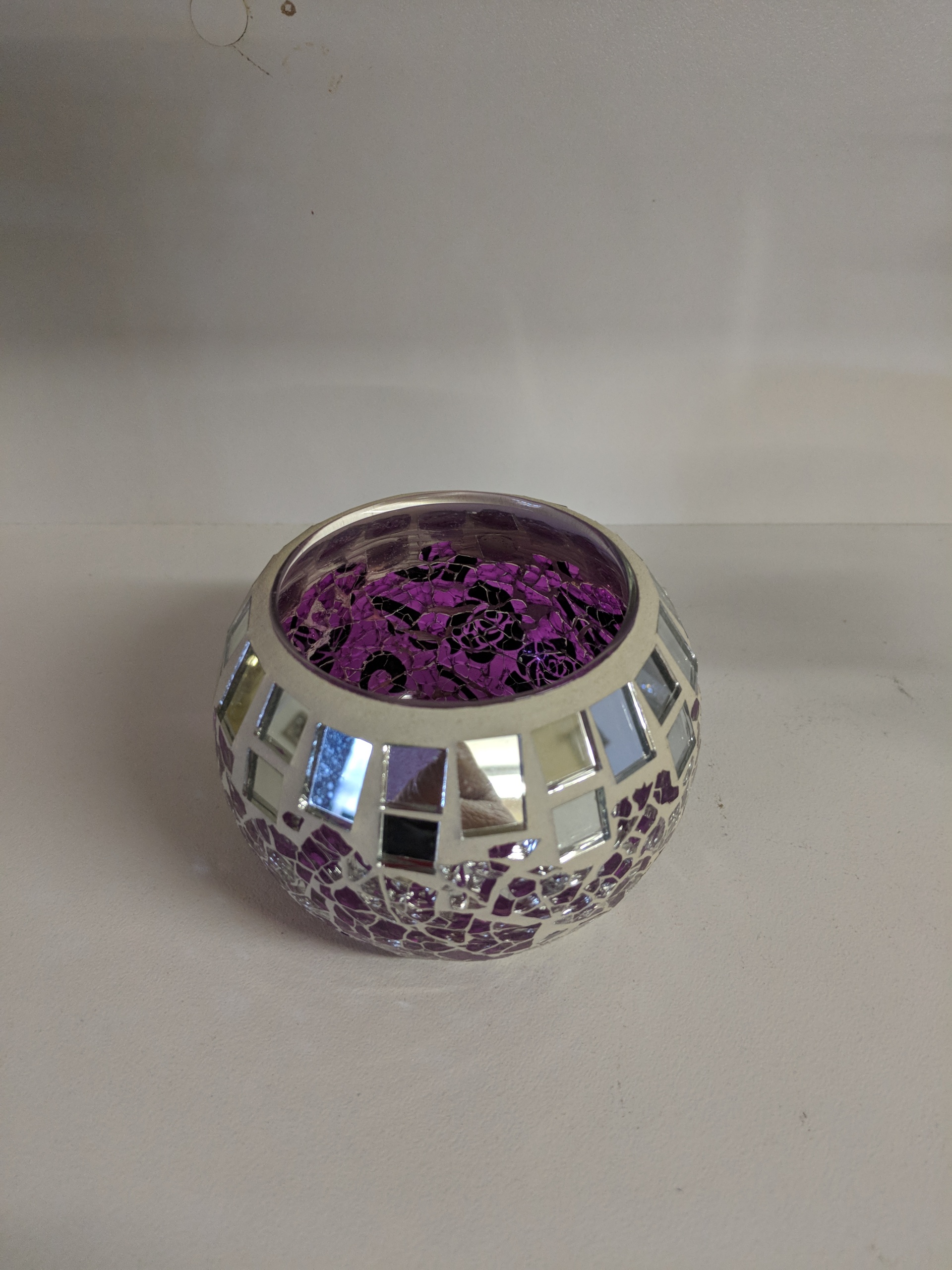 Purple/ Silver Mirror Mosaic Glass Candle Holder