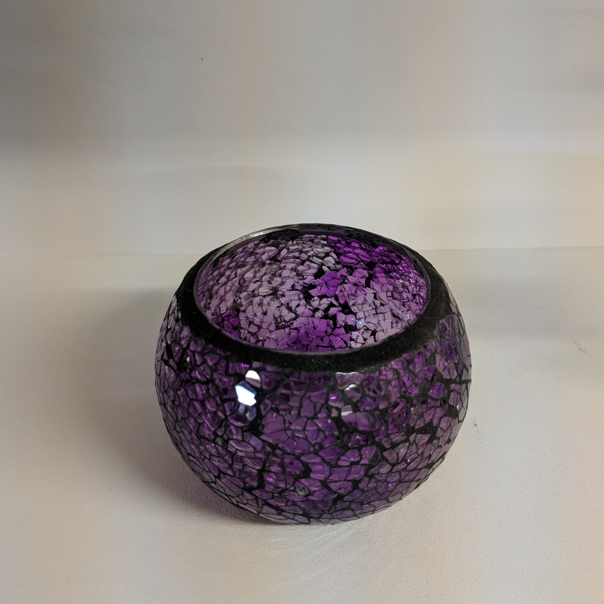 Black Edge Purple Crackle Mosaic Glass Candle Holder