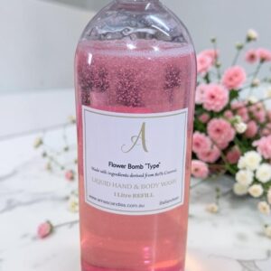 Pink liquid hand and body wash bottle with silver cap and floral background; label reads 'A Flower Bomb Type'.