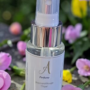 Fragrance spray bottle with silver cap outdoors among pink blossoms, label reads Baccarat Rouge Type, 30 ml.