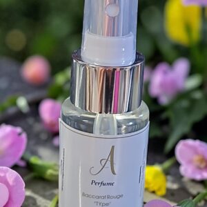 Close-up of a perfume spray bottle outdoors among pink blossoms.