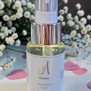Close-up of a perfume spray bottle with a clear nozzle, chrome collar, and label reading 'Perfume Chanel No.5 Type' against a backdrop of white flowers and pink hearts.
