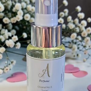 Close-up of a perfume spray bottle with clear cap; label reads Chanel No.5 'Type' with 30 ml, set against white flowers and pink heart shapes in the background.