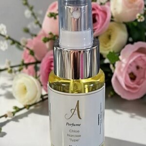 Close-up of a clear perfume bottle with a silver spray cap and yellow liquid, set against a backdrop of pink and white flowers.